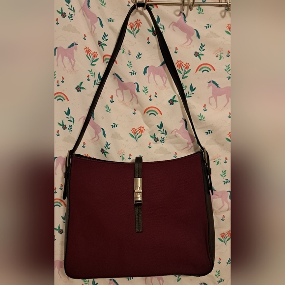 EUC Lamarthe Burgundy Cotton & Black Italian Leather Casual Shoulder Purse Bag - Picture 1 of 16